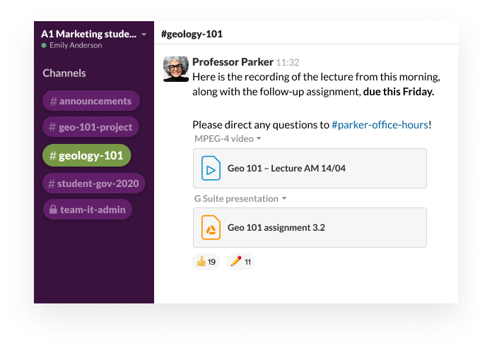 A Slack channel with a user posting a recording of a lecture and follow-up assignment
