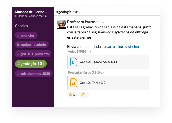Un canal de Slack con un usuario que publica una grabación de una conferencia y una tarea de seguimiento