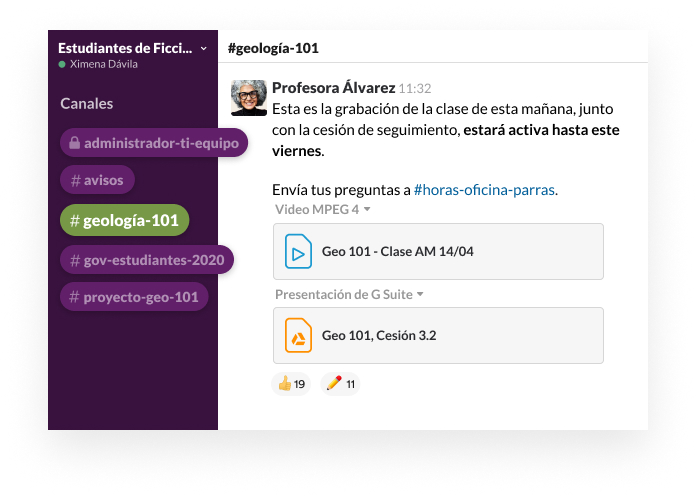 Un canal de Slack con un usuario que publica una grabación de una conferencia y una tarea de seguimiento