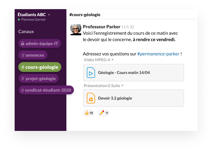 Un canal Slack dans laquelle un utilisateur publie l’enregistrement d’un cours magistral avec un exercice appliqué