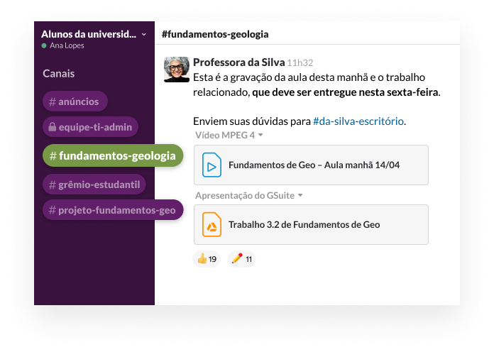 Um canal do Slack com um usuário postando uma gravação de uma aula e a tarefa de acompanhamento