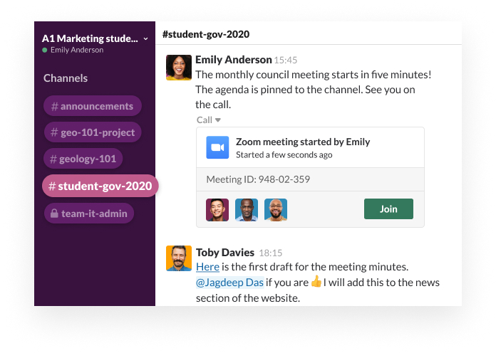 A Slack channel showing a user posting a link to a students’ union video meeting