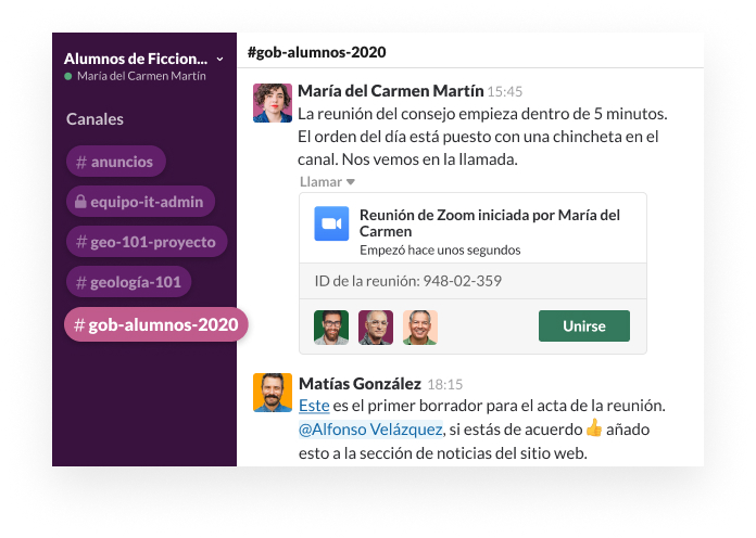 Un canal de Slack con un usuario que publica un enlace a una reunión de vídeo para la administración estudiantil
