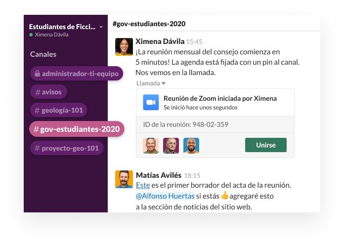 Un canal de Slack que muestra a un usuario que publica un enlace a una reunión de video para el centro de estudiantes