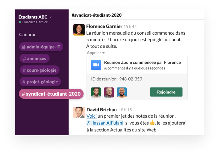 Un canal Slack montrant un utilisateur qui publie un lien vers une réunion vidéo pour un bureau des étudiants