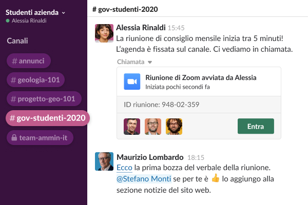 Un canale Slack mostra un utente che posta un link per una video riunione di un consiglio studentesco.