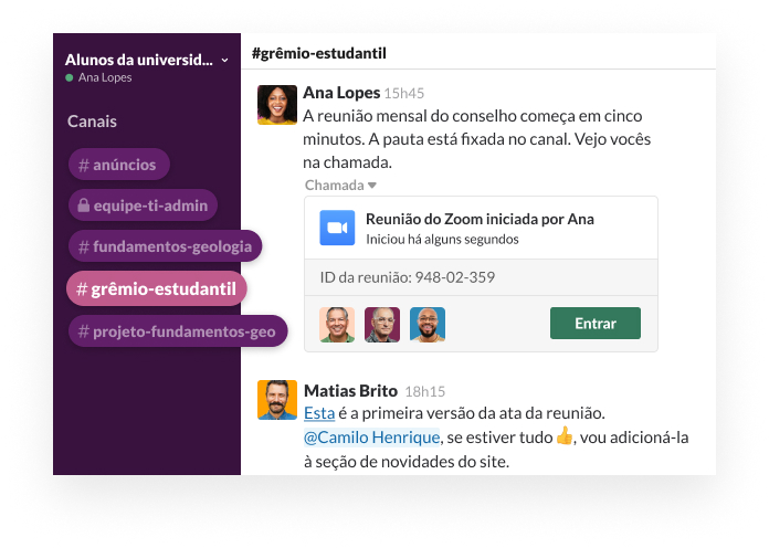 Um canal do Slack mostrando um usuário postando um link para uma reunião em vídeo da liderança estudantil