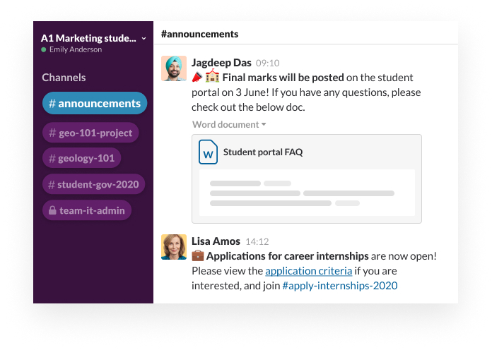 A Slack channel with a user sharing the Student Portal FAQ and comments about results being posted