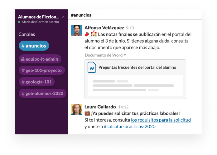 Un canal de Slack con un usuario que comparte las preguntas frecuentes del portal del estudiante y comentarios sobre la publicación de notas