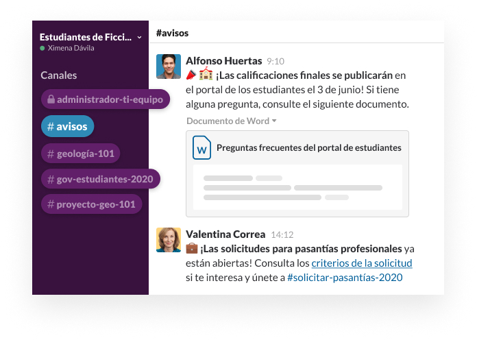 Un canal de Slack con un usuario que comparte las preguntas frecuentes del portal del estudiante, junto con comentarios sobre las calificaciones publicadas