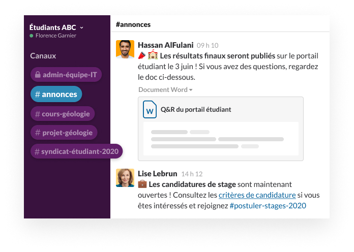 Un canal Slack dans laquelle un utilisateur partage la FAQ d’un portail étudiant et des commentaires sur les notes publiées