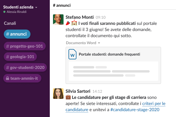 Un canale Slack con un utente che condivide le domande frequenti sul portale degli studenti e commenti sui voti postati