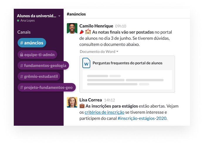 Um canal do Slack com um usuário compartilhando as Perguntas frequentes do portal do aluno e comentários sobre as notas postadas