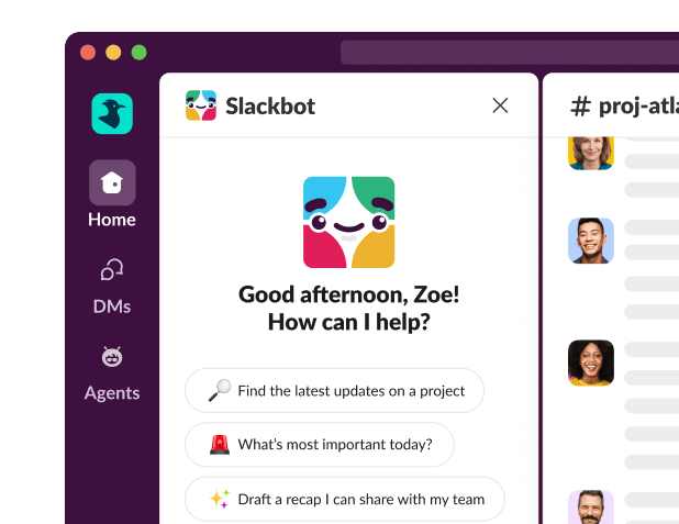 A Slackbot window displays, asking how it can help.