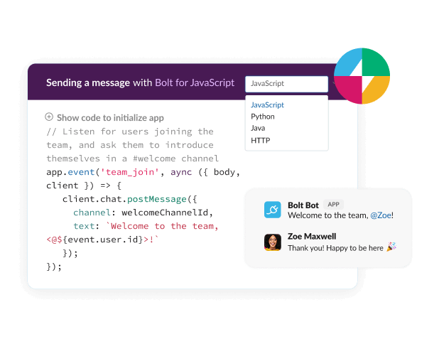 A form shows code for sending a message with Bolt for JavaScript.