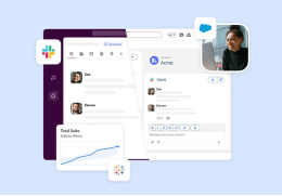 Split view of a Salesforce channel in both Slack and Salesforce UIs, a Tableau Next metric in Slack, logos and a person working.