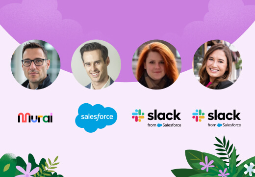 Headshots of four speakers of the webinar, accompanied by their company logos below each headshot: Mural, Salesforce and Slack from Salesforce.