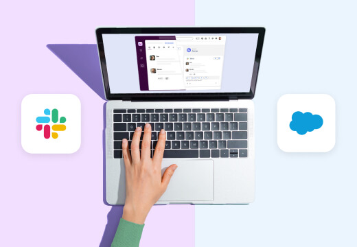 Top-down view of a laptop displaying a Salesforce channel, with user’s hand on keyboard, positioned between Slack and Salesforce logo blocks.