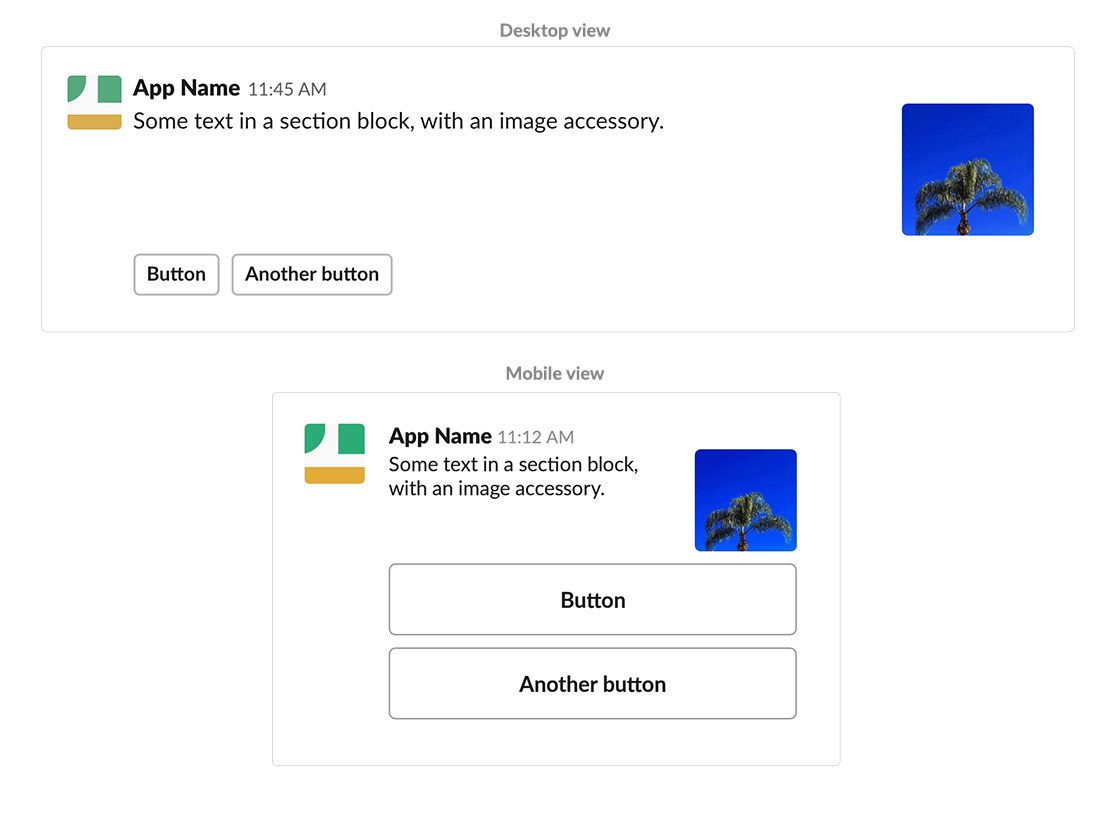 An interactive message showing two buttons in a desktop client layout compared to the mobile layout