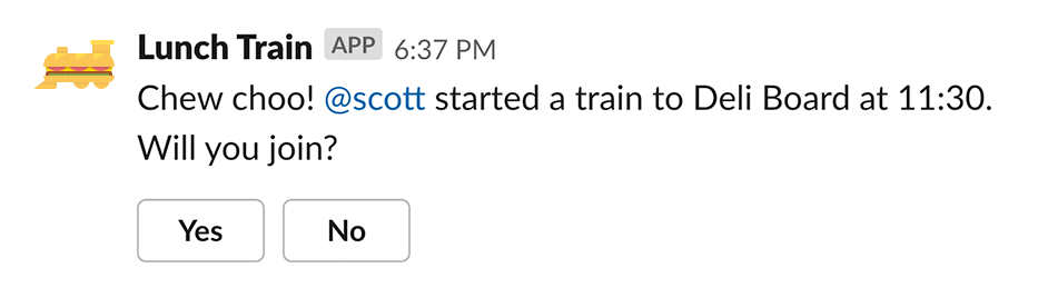 A message from an app called Lunch Train showing a lunch invite and buttons to accept or decline