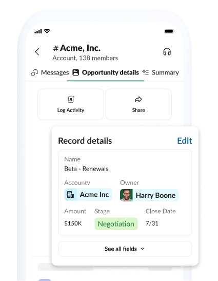 An opportunity details page with account, record, and share information.