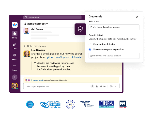 A Slack window shows a chat application with a dialog box for creating a rule.