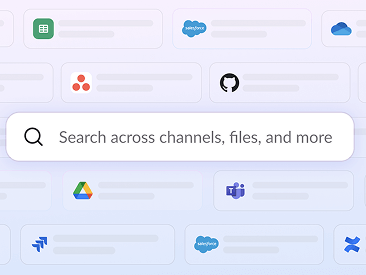 A search field displays the text "Search across channels, files, and more".