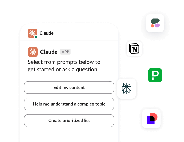 A Claude app in Slack displaying options such as editing content or creating a prioritized list.