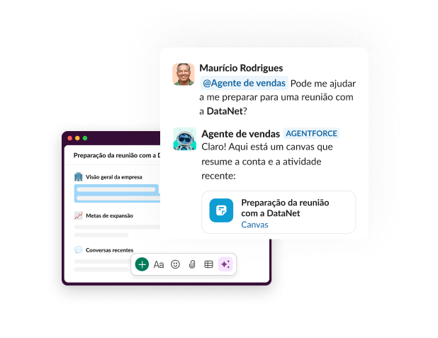 Um chat com um agente mostra um prompt e um canvas.