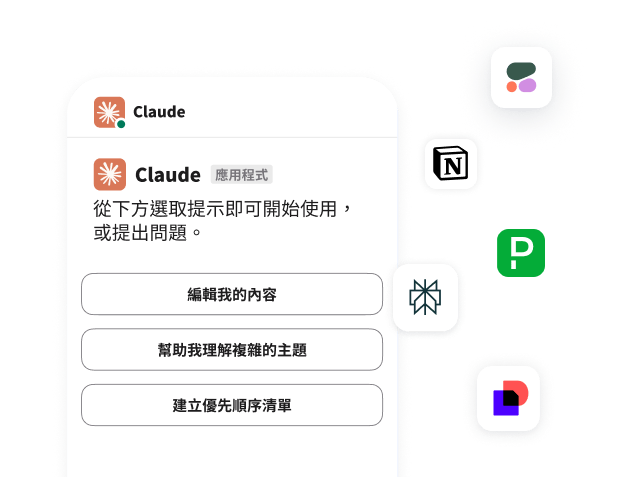 Slack 中的 Claude 應用程式,顯示諸如編輯內容或建立優先順序清單等的選項。