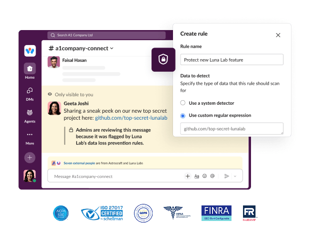 A Slack window shows a chat application with a dialog box for creating a rule.