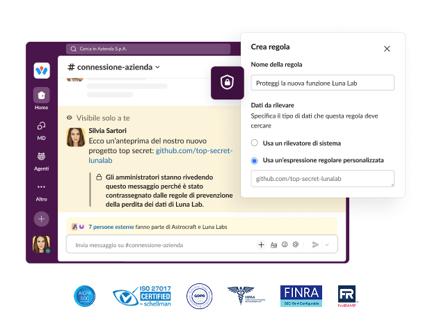 A Slack window shows a chat application with a dialog box for creating a rule.