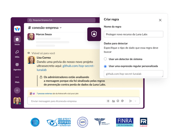 A Slack window shows a chat application with a dialog box for creating a rule.