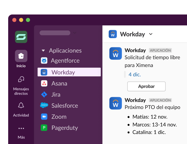 The Workday app in Slack displays app notifications and approval options.