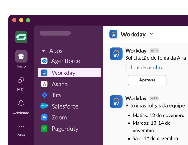 The Workday app in Slack displays app notifications and approval options.