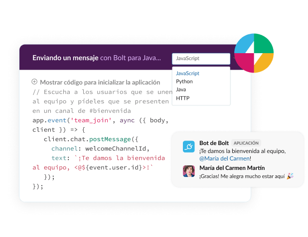 A form shows code for sending a message with Bolt for JavaScript.