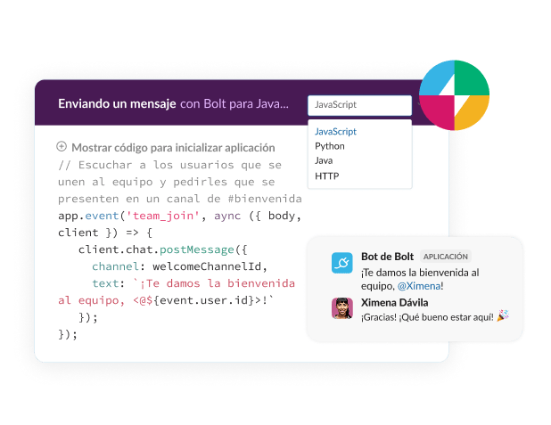A form shows code for sending a message with Bolt for JavaScript.