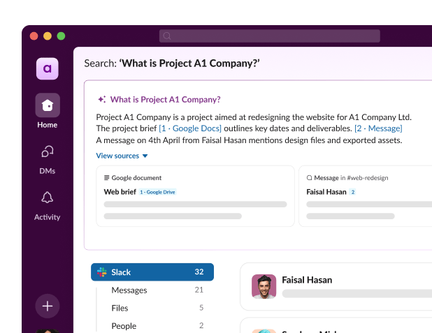 Slack search UI shows answers for the question ‘What is Project A1 Company?’.